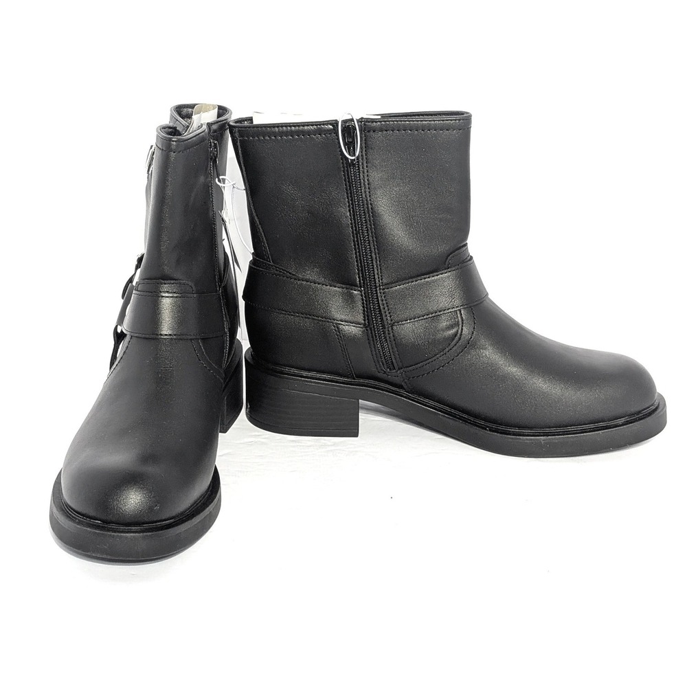 Black Moto Harness Ankle Boot 11 Buckle Strap Biker Western Side Zip Chunky Heel - Picture 4 of 6